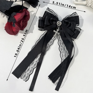 Gothic black lace bow hair clip with heart rhinestone and cross pendant, 14x25.5cm size