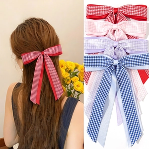 Pince à Cheveux Style Britannique Nœud Gingham Longs Rubans Doux Ruban Preppy Accessoires Cheveux Pour Femmes Filles