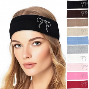 Women Knitted Elastic Headband Glitter Rhinestone Bow Ribbed Hair Band For Sports Yoga Casual Fashion Headwear Accessory