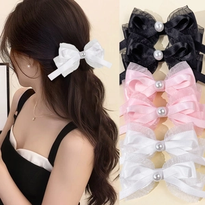 Barrettes Cheveux Nœud Papillon Double Couche en Satin Organza Avec Künstliche Perle Synthétique pour Femme Fille Pince Bec de Canard