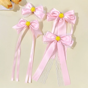 Sweet Pink Satin Bow Hair Clip With Yellow Star Decoration Lace Ribbon Streamer Handmade Duckbill Clip For Girls Women Accessories