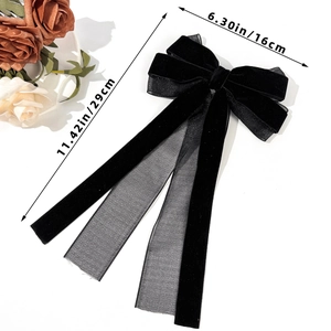 Elegant black velvet and organza bow hair clip with long ribbons for women hair styling