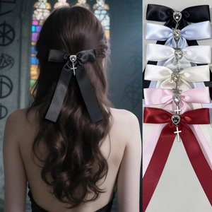 Gothic Satin Ribbon Bow Hair Clip With Heart Rhinestone Cross Pendant Sweet Cool Style Hairpin For Women Girls Hair Accessory