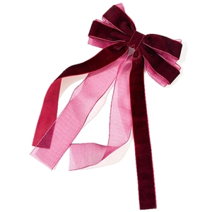 Elegant large velvet and organza bow hair clip with long ribbons in wine red and pink
