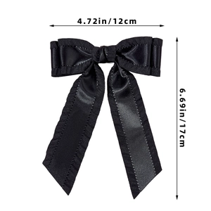 Barrette nœud en satin noir élégant avec doubles couches et longs rubans, 12x17cm