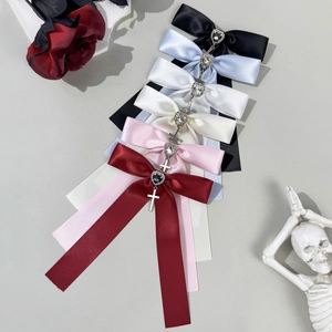 Sweet gothic bow hair clips with heart gems and silver crosses in six varied colors