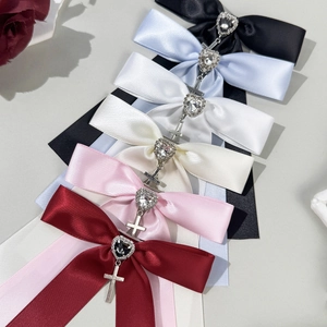 Sweet satin bow hair clips set with heart rhinestones and cross pendants in six colors