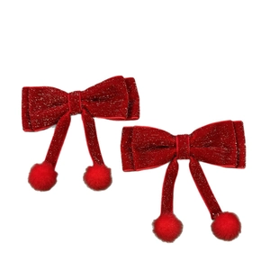 Barrettes à cheveux nœuds velours rouge avec pompons et paillettes dorées