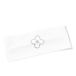 White knitted headband with rhinestone flower detail for yoga sports and daily wear