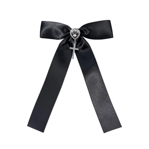 Gothic black satin bow hair clip with heart gem and silver cross pendant for women