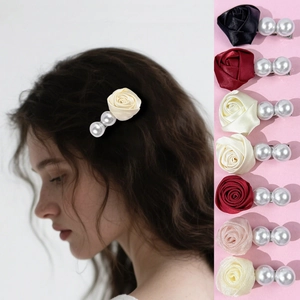 Pince à Cheveux Fleur Rose en Satin Avec Künstliche Perles d'Imitation Élégante Pince Bec de Canard pour Femme Fête Mariage