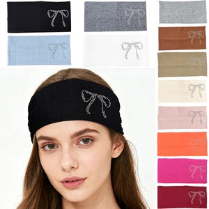 Women Ribbed Knit Elastic Headband With Rhinestone Bow Sweatband For Yoga Sports Fashion Hairband Accessories