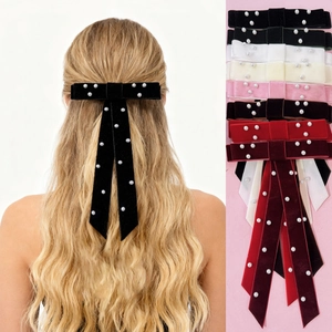 Velvet ribbon hair clip with pearls for women, available in multiple elegant colors