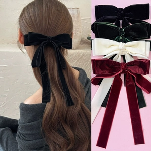French Vintage Velvet Bowknot Hair Clip With Long Streamers Elegant Ribbon Spring Clip Hair Accessories For Women Hair Styling