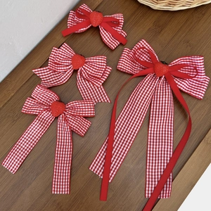 Red White Gingham Ribbon Bow Hair Clip With 3D Strawberry Decor Sweet Plaid Bowknot Alligator Clip For Girls Hair Accessories