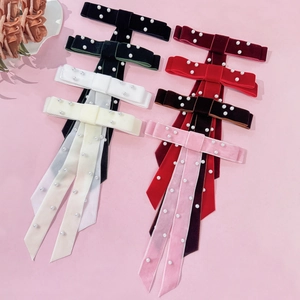 Handmade Velvet Bow Hair Clip Long Streamer Artificial Pearl Beaded Hairpin Elegant Vintage Hair Accessories For Women Girls