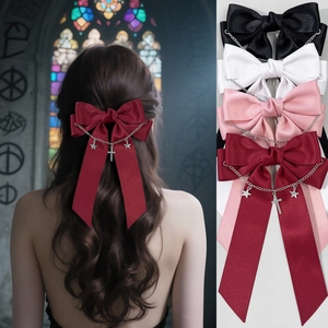 Barrette à Cheveux Nœud en Satin Gothique Avec Chaîne en Métal Pendentif Étoile Croix Lolita pour Femmes Filles