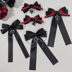 Gothic Rose Bow Hair Clip For Women Dark Punk Lolita Cross Heart Pendant Chain Ribbon Hairpin Fashion Hair Accessories
