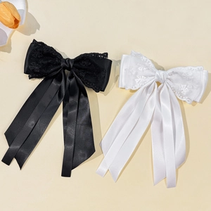Élégante Pince à Cheveux Nœud en Satin et Dentelle Longs Rubans Fait à la Main Bec de Canard pour Femme Mariage Fête