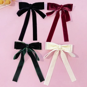 Elegant French velvet bow hair clips with long ribbons in black red green and white