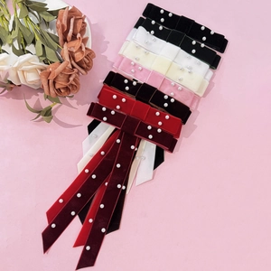 Velvet bow hair clips with pearls and long streamers in various elegant colors