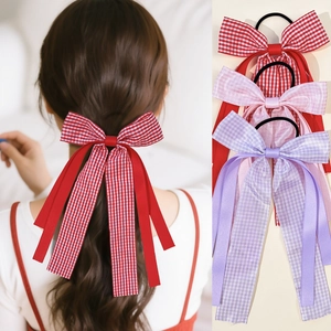 Sweet Plaid Bow Hair Tie Long Streamers Ribbon Scrunchies British Academy Style Retro Hair Accessories For Women