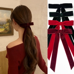 Elegant velvet bow hair clip with long ribbons in four classic colors for women