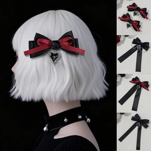 Gothic black and red bow hair clip featuring a rose and heart cross pendant for women