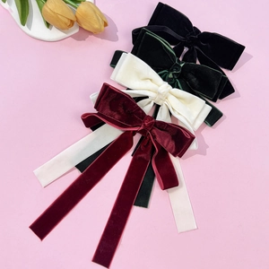 French vintage velvet bow hair clips with long ribbons in black green cream and red