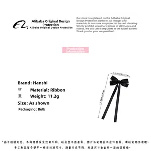 Detailed size specifications for the elegant black bow hair clip with long ribbon streamers