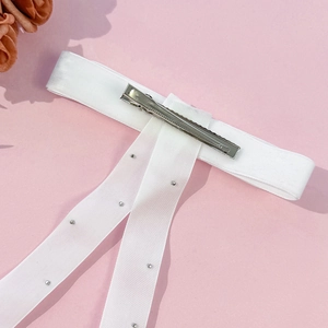 Elegant white velvet bow hair clip with silver beads and metal alligator clasp back