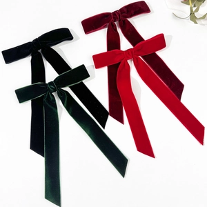 French Vintage Velvet Bowknot Hair Clip Elegant Long Ribbon Streamer Duckbill Clip For Women Party Daily Hair Accessories