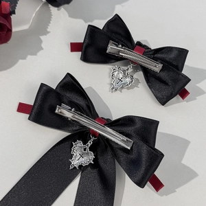 Gothic dark style bow hair clips with red ribbon and silver heart cross metal pendants