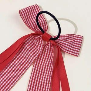 British style red and white plaid bow hair tie with high elastic rubber band for women