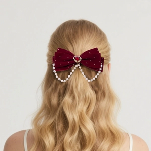 Détail d'une barrette noeud en velours rouge avec coeur et chaînes de perles blanches