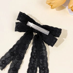 Elegant black lace double-layered bow hair clip with long ribbons for a sweet girl style