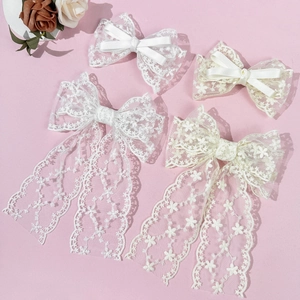 French Lace Bow Hair Clip Elegant Sweet Fairy Satin Ribbon Hairpin Large Streamer Hair Accessories For Women Party Wedding