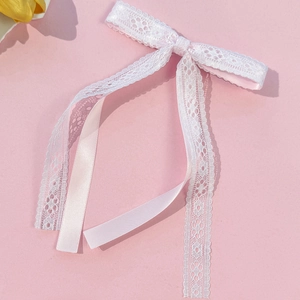 Elegant pink lace bow hair clip with long ribbons for women, sweet fairy hair accessory