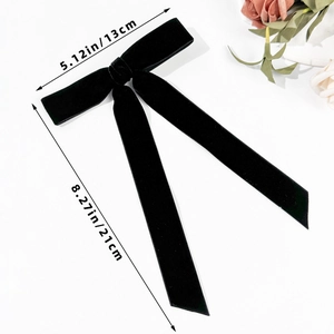 Detail showing dimensions of the black velvet bow hair clip with long ribbon streamers