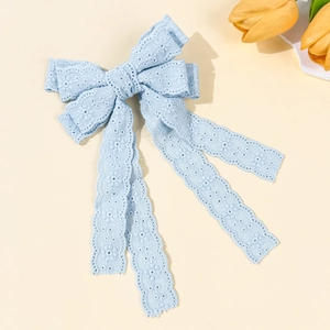 Elegant light blue lace double bow hair clip with embroidery and long streamers