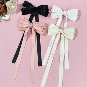 Elegant satin bow hair clips with long ribbons in black, white, pink and cream colors