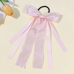 Pink plaid ribbon bow hair clip with long streamers in a sweet Korean college style