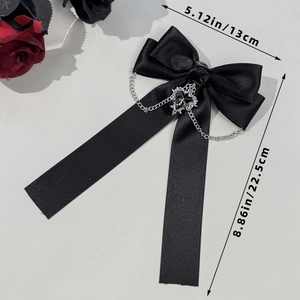 Gothic black satin bow with silver heart cross pendant and chain, 13cm x 22.5cm size detail
