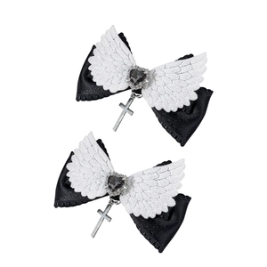 Barrettes ailes d'ange gothique avec nœud en satin noir et pendentif croix argent