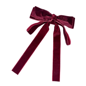 Elegant French vintage wine red velvet double bow hairclip with long flowing streamers