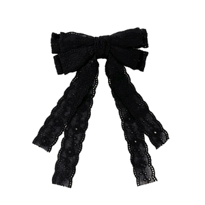 Elegant double-layered black lace bow hair clip with long ribbons in French vintage style