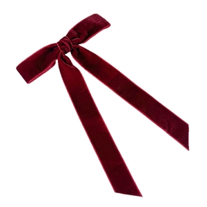 Elegant wine red velvet bow hair clip with long ribbons for vintage women hair styling