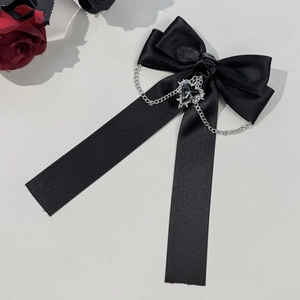 Gothic black satin ribbon hair bow with silver heart cross and chain accents