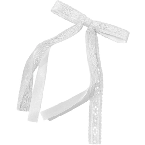 Elegant white lace bow hair clip featuring intricate floral patterns and silky satin ribbon