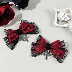 Gothic bow hair clips with red roses, lace layers, and silver metal cross pendants